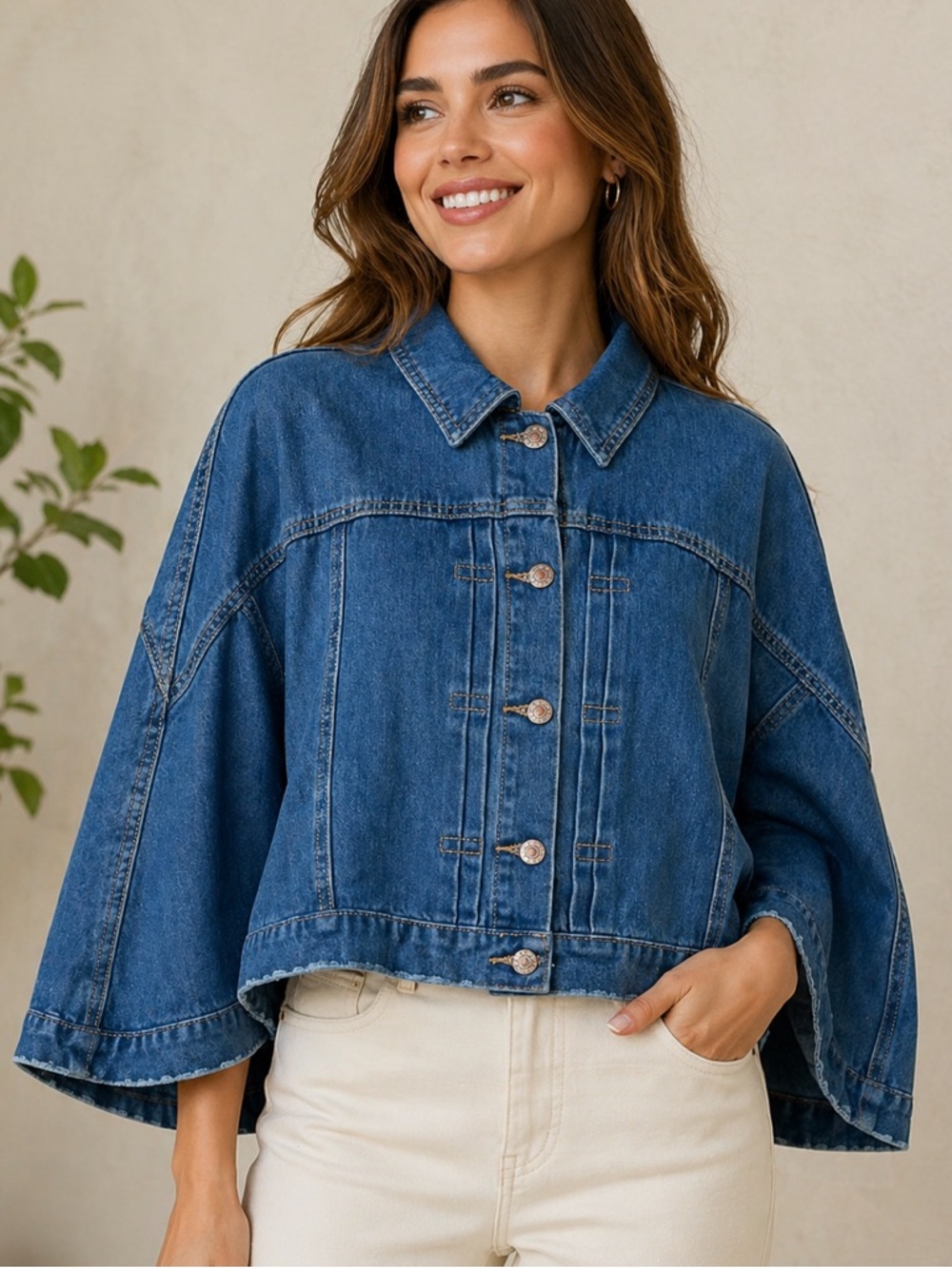 StyleWe Women’s Size M Denim Cape Jacket Blue Oversized Cropped Batwing Stretch